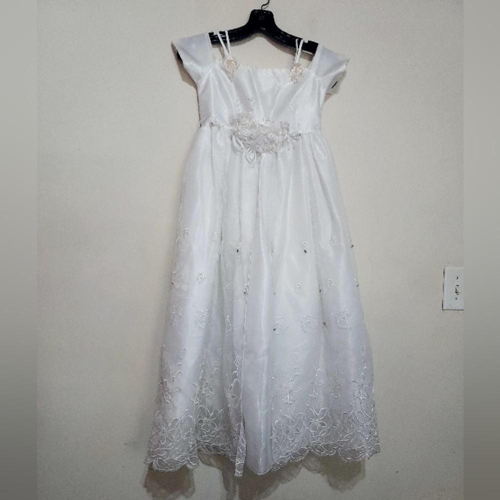 Pinokio White Floral Embroidere With Beadeing And Jewel Kids Wedding Dress Sz-8
